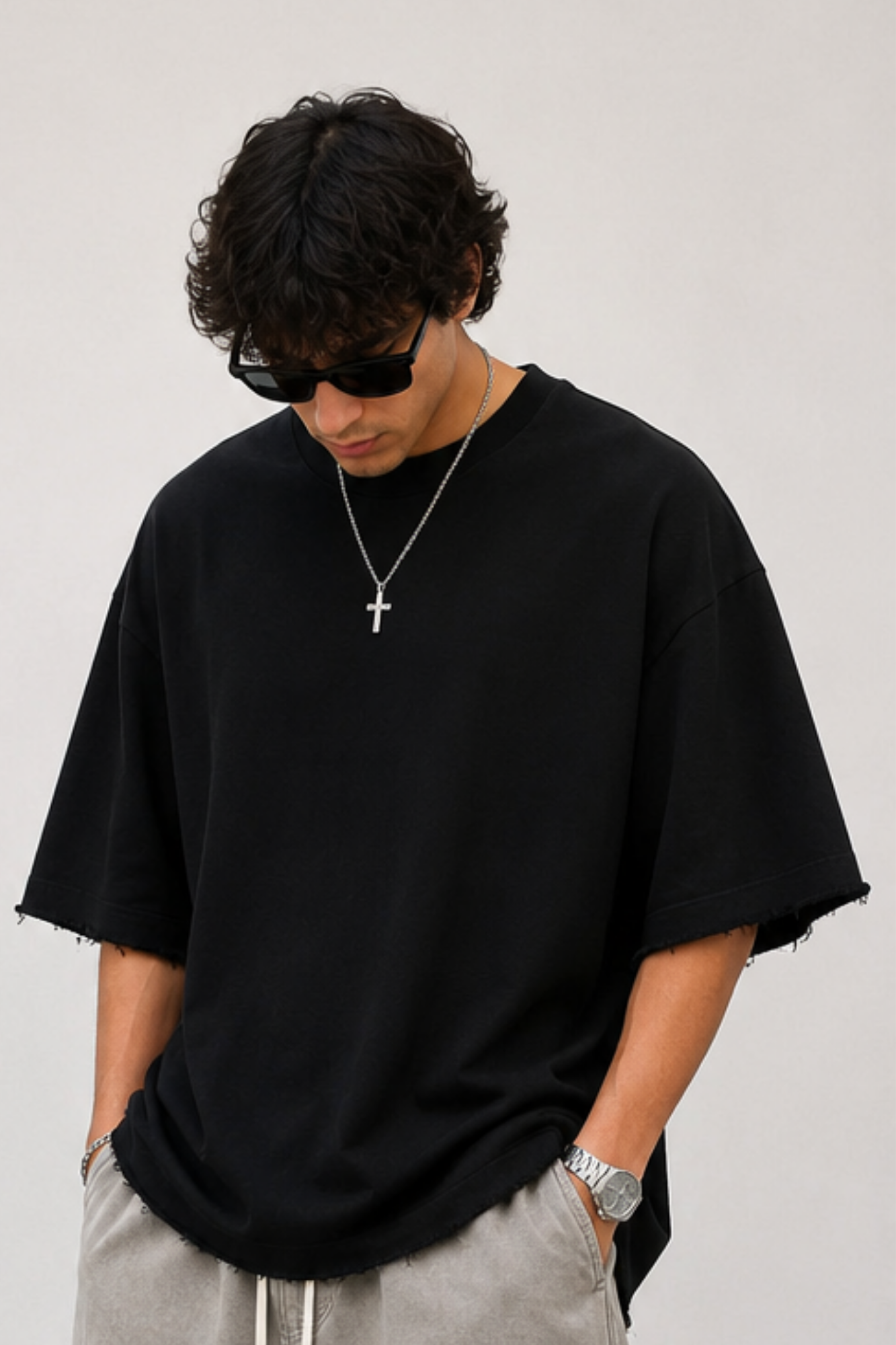 Raw Edge Oversize Tee Black