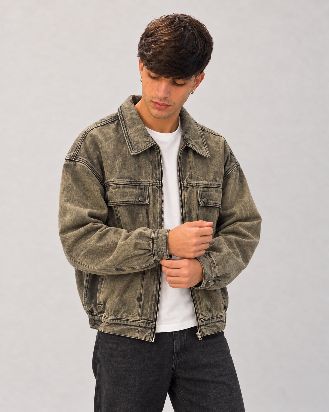 Giacca denim zip verde oliva slavato