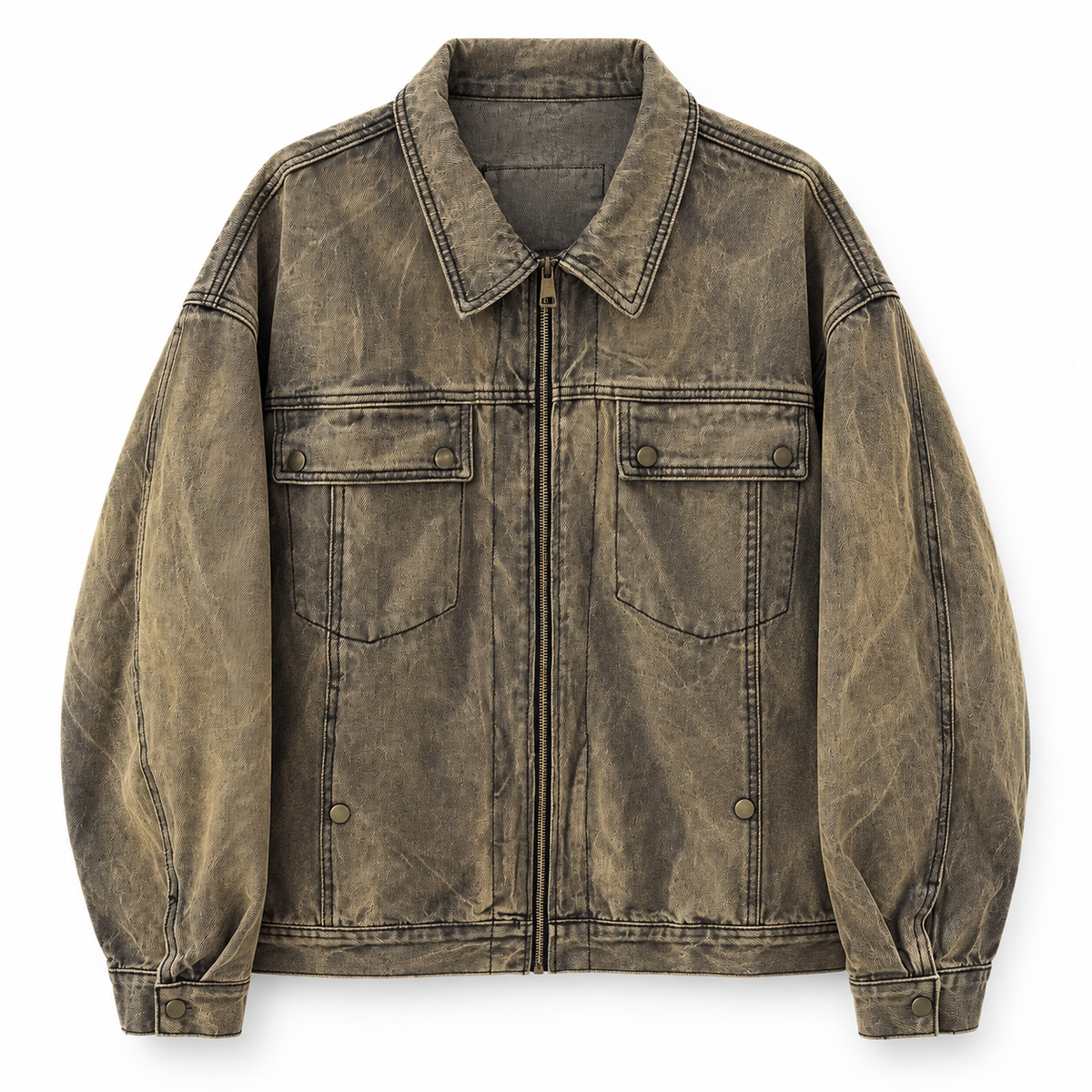 Giacca denim zip verde oliva slavato